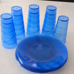 Durable Blue Plastic Set of 12 Plates And 9 Glasses.